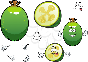 Cartoon fresh green whole and halved feijoa fruit characters with sweet juicy flesh and gelatinous seed pulp in the center. Happy smiling pineapple guava characters for healthy dessert recipe, juice p