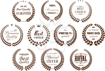 Premium quality guarantee laurel wreaths icons with brown branches, arranged into circle frames with text Best Choice and Special Offer, Premium Product and Money Back Guarantee, adorned by stars, cro