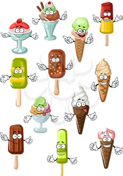 Colorful cartoon ice cream characters with vanilla, strawberry, caramel and pistachio soft serve ice cream cones, refreshing popsicles and chocolate ice cream on sticks, sundae desserts with fresh fru