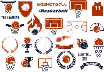 Basketball balls, courts, baskets on backboards, winner trophies and jersey icons for sport club or team design supplemented by heraldic shield, wreaths and ribbon banners, flames and stars