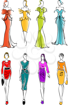 Pretty young female fashion models colorful sketch silhouettes presenting business casual attires and gorgeous evening and cocktail dresses with accessories. Great for fashion and shopping design usag
