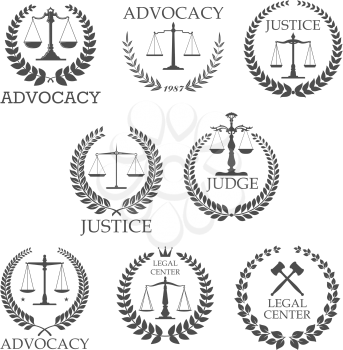 Legal protection and lawyer services design templates with crossed judge gavels and scales of justice, framed by laurel wreaths and text Advocacy, Justice, Judge, Legal Center 