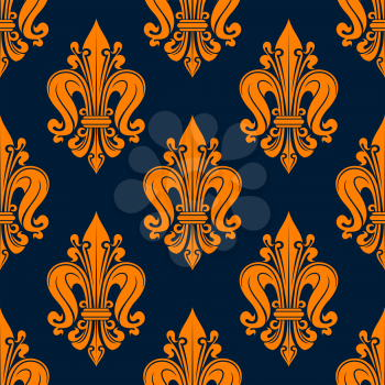 Vintage fleur-de-lis pattern with seamless orange floral compositions of french heraldic lilies adorned by swirls and tendrils over navy blue background. Great for wallpaper or interior textile design