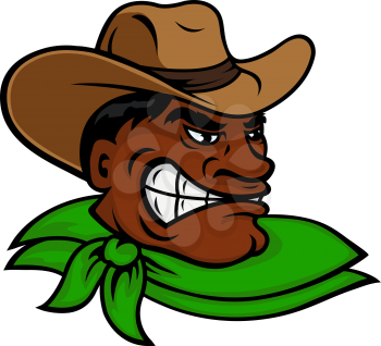 Brutal cartoon western rodeo cowboy or rancher character with angry dark skinned man, wearing brown hat and green neckerchief. Great for farming or rodeo themes and adventure book design