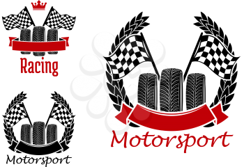Motorcycle racing, motocross, rally and auto racing symbols for motorsport design with wheels and checkered racing flags encircled by winner laurel wreaths, ribbon banners and crown