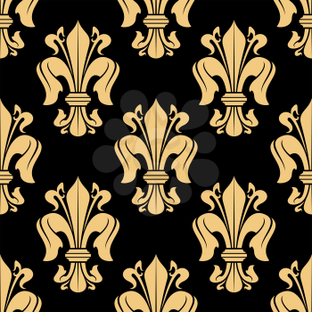 Medieval french seamless fleur-de-lis pattern with golden floral ornament on black background ornate decorated by elegant curved leaves and flourishes. Great for wallpaper or upholstery design