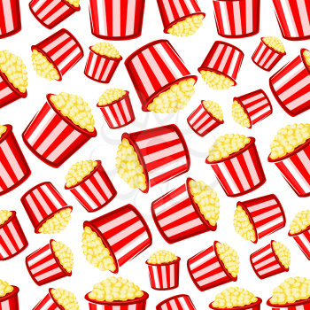 Takeaway popcorn background with cartoon seamless pattern of red and white striped paper buckets of sweet crispy popcorn. Weekend entertainment, leisure activity or cinema fast food design usage