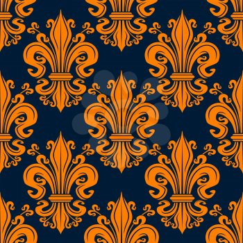 Bright orange ornamental fleur-de-lis background for monarchy theme or vintage interior design with seamless pattern of decorative lily flowers and buds tied into elegant bunches on dark blue backgrou