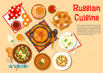 Traditional russian lunch with popular main dishes and desserts flat icon with cabbage soup shchi and meat pies, cold soup okroshka and potato knishes, buckwheat porridge and olivier salad, black tea 