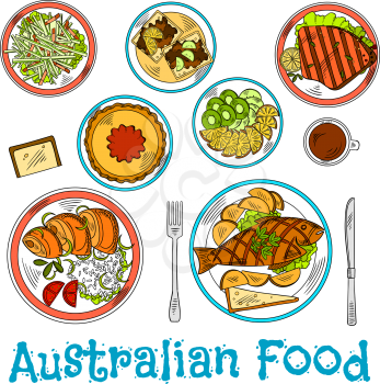 Authentic australian dinner prepared from local ingredients icon with sketch symbols of traditional fish and chips, meat pie with tomato sauce and grilled lamb, rice with salmon and toasts with vegemi