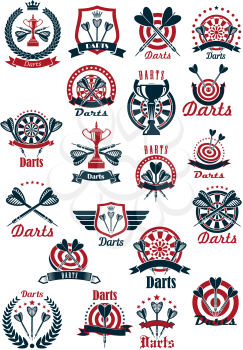 Dartboards with darts missiles and winner cups symbols for darts club or tournament design usage supplemented by heraldic shields and laurel wreaths, ribbon banners and wings, crowns and stars