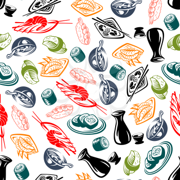 Oriental seafood dishes sketched seamless pattern background for asian cuisine or culture themes design with roll and nigiri sushi, bowls of noodle soup and vegetable prawn salad, sake sets and spicy 
