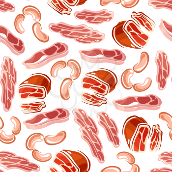 Seamless fresh meat products pattern with pork loin roasts and chops, beef bacon, steaks and chicken sausages on white background. May be use as livestock farming theme or butcher shop interior design