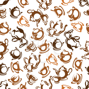 Brown and grey tea party retro background with sketch seamless pattern of vintage tea sets composed of teapots, sugar bowls and cups with saucers. Kitchen accessories or food and drinks design usage