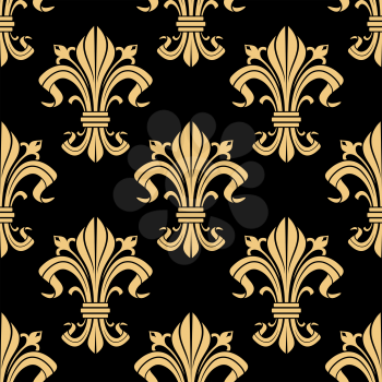 Medieval royal golden fleur-de-lis pattern on black background with seamless french heraldic ornament of victorian floral compositions. Use as vintage interior design or monarchy concept