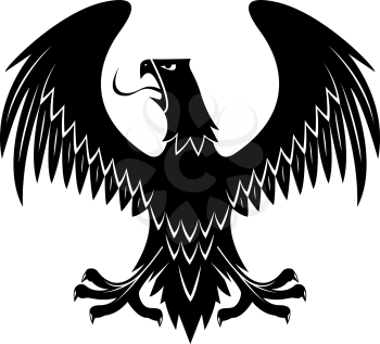 Medieval black eagle heraldic icon for royal coat of arms or knight insignia design usage with proud bird of prey with open beak, extended legs and wings
