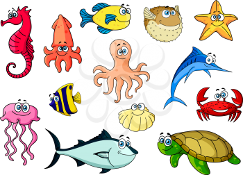 Cartoon colorful tropical fishes, sea turtle and shell, crab and octopus, starfish and squid, red seahorse and pink jellyfish, blue marlin and tuna. Sea animals characters for mascot, zoo aquarium or 