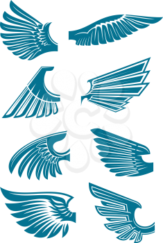 Open bird wings icons for heraldic symbol or tattoo design usage with medieval stylized blue silhouettes of eagle, hawk or falcon wings