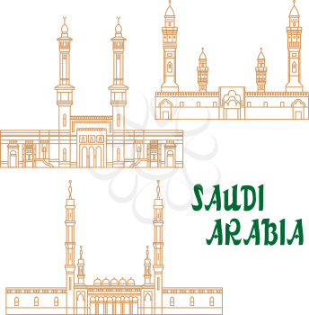 Islamic heritage sites of Saudi Arabia linear icon for religious architecture and tourism design usage with Masjid al-Haram, Masjid an-Nabawi and Quba Mosque