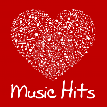 Love music concept design of vibrant red and white musical heart composed of notes and chords, treble and bass clefs, sharp and flat accidentals with caption Music Hits below