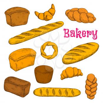 Fresh baked morning pastries and bread sketch icons for bakery shop design with french croissants and baguettes, turkish braided buns and bagel, loaves of dark rye, wheat and whole grain bread