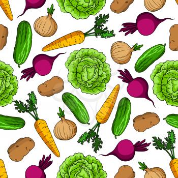Healthy vegetarian pattern with seamless cartoon ornament of vivid green cabbages and cucumbers, juicy orange carrots and onions with fresh leaves, purple beetroots and potatoes vegetables on white ba