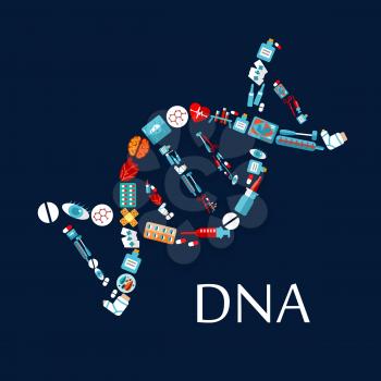 Model of DNA helix icon composed of medical tools and instruments, medicine bottles and pills, syringes and test tubes, hearts, brain and eyes, x ray and ultrasound scans, formulas and molecules. Flat