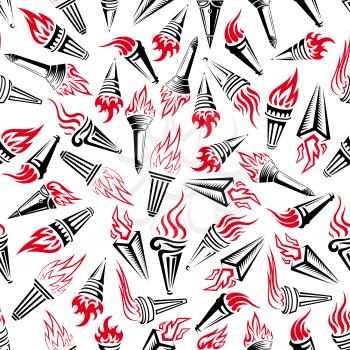 Seamless modern hand held torches pattern over white background with bright red flames and heavy handles adorned with swirling and geometric ornaments. Victory and peace theme or sporting competition 