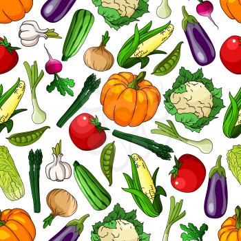 Vivid seamless organic farm grown vegetables pattern background with tomatoes and eggplants, pumpkins and corn cobs, peas and garlics, onions and radishes, asparagus and cauliflowers, chinese cabbages
