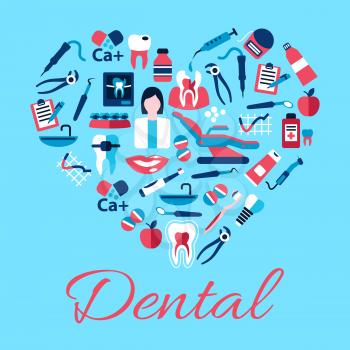 Dentist with tools and equipments symbols arranged into a shape of a heart with flat icons of healthy and carious teeth, pills and syringes, toothbrushes and toothpastes, implant, braces and floss, cl