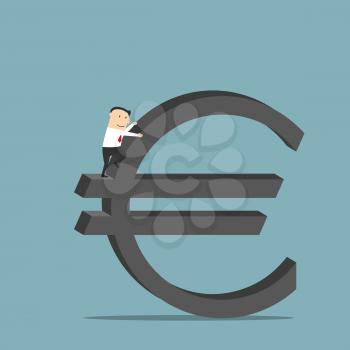 Purposeful cartoon businessman is conquering a large sign of euro currency as symbol of financial success and wealth. Use as business concept for career growth and richness design