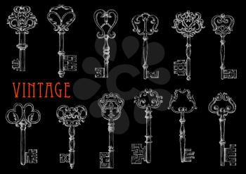 Vintage ornate keys chalk sketch drawings on blackboard with ornamental decorated bows and shafts. May be use as fashion or embellishment design or security and safety concept