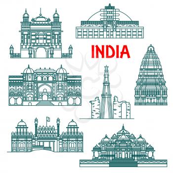 Tourist attractions and national architectural heritage of India thin line icons for travel design with Qutub Minar, Buddhist Stupa at Sanchi, Red Fort, Harmandir Sahib or Golden Temple, Virupaksha Te