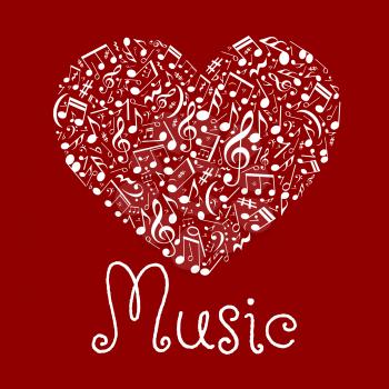 Musical notes and various marks arranged into bright red loving heart icon for I love music or valentine card concept design with white silhouettes of notes, treble and bass clefs, rests and key signa