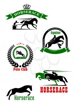 Horseracing, dressage and polo club sporting heraldic symbols with jumping horse over hurdle and running racehorses with jockeys, cart and polo player with mallet, adorned by wreath, ribbon banners, s