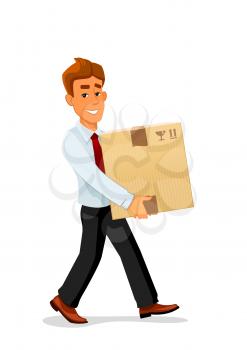 Cheerful smiling cartoon delivery man character is carrying a bulky cardboard package. Great for delivery service or profession themes design
