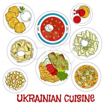 Meatless dishes of ukrainian cuisine for Lent sketch symbol with vegetarian borscht and soup, potato dumplings and pancakes with sour cream, fried potato with fresh vegetable salad and toasts, cottage
