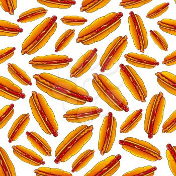 Seamless homemade delicious sandwiches pattern background of fresh hot dogs with smoked frankfurters on wheat bun, seasoned with ketchup and sweet french mustard. Kitchen interior or fast food packagi