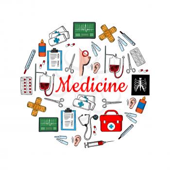 Medicine and medical check up circular sketch symbol with icons of stethoscopes and thermometers, pills and syringes, first aid kit and blood bags, hearing and breast cancer testings, ecg monitors, xr