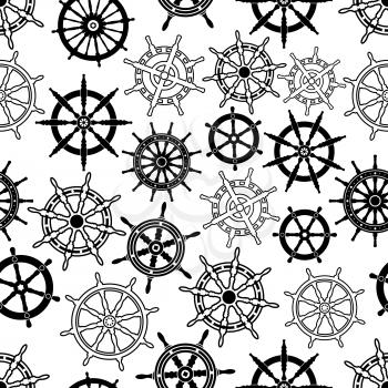 Decorative nautical navigation seamless background with black and white pattern of vintage sailing ships helms and steering wheels. May be use as marine theme or scrapbook page backdrop design