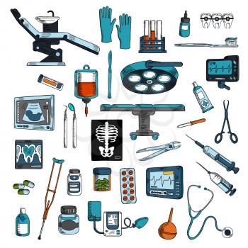 Medical instruments and equipments for surgery, dentistry and general medicine colored sketches with operation table and dentist chair with tools and medicines, blood bag and test tubes, stethoscope a