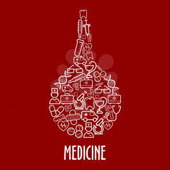 Medicine and hospital icons in a shape of enema with ambulances and doctors, first aid kits and thermometers, stethoscopes and syringes, pills and hearts, microscopes and test tubes, teeth and DNA, gl