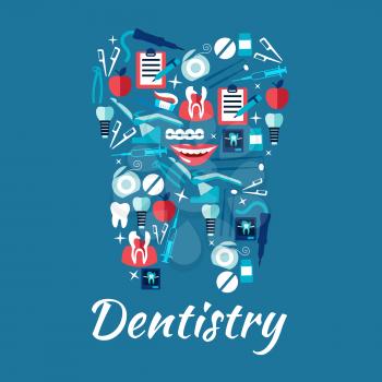 Dental care and dentistry flat icons in a shape of a tooth with dentist chairs and instruments, toothbrushes and floss, decayed teeth and implants, braces and dental x rays, clipboards with checkup fo