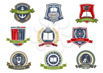 Music, architecture and sciences, visual arts and literature, maritime and theater symbols for academy, university and college emblems or badges design with heraldic shields, laurel wreaths and ribbon