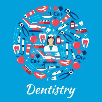 Dentistry symbol with dentist surrounded by flat icons of teeth and toothbrushes with toothpastes, dentist chairs and instruments with equipments, syringes and vitamins, braces, smiles and apples