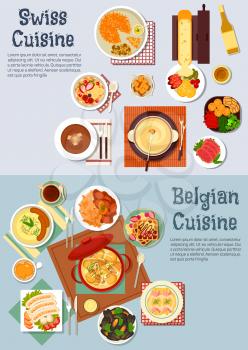 Worldwide popular swiss fondue and belgian waffles icon with flat symbols of various potato dishes and sausages, meat stews and melted cheese raclette, cured lamb and mussels, gratin of endives and fr