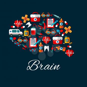 Medication and healthcare symbols create a silhouette of human brain with flat icons of ambulance, hearts and teeth, medicine bottles, syringes and pills, microscope and blood bags, clipboards and DNA