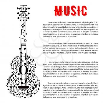 Musical concert poster or entertainment event announcement design with silhouette of acoustic guitar composed of musical notes and stave, treble and bass clefs