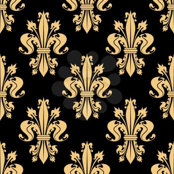 Golden seamless pattern of royal french lilies arranged into fleur-de-lis ornament on black background. Great for vintage wallpaper or scrapbook page backdrop design