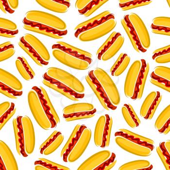 Spicy seasoned hot dogs cartoon background of side-loading wheat buns with smoked sausages, hot chilli and tomato ketchup sauces seamless pattern. Fast food cafe or grill bar design usage